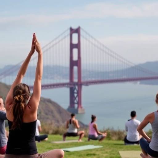 A diverse group of people practicing yoga outdoors in front of the Golden Gate Bridge, symbolizing holistic health and community wellness.