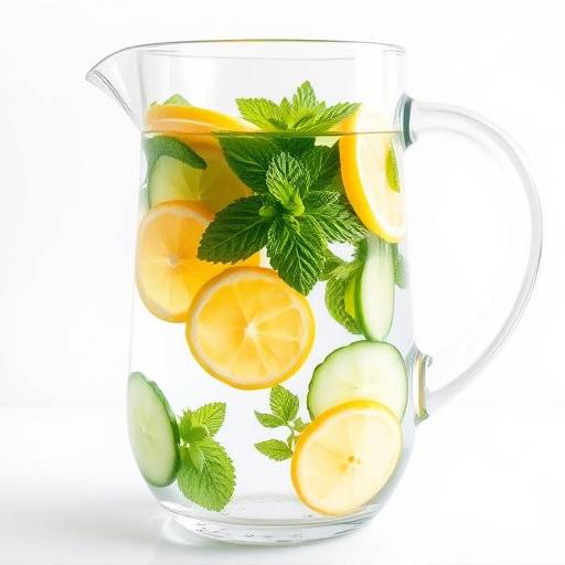 A glass pitcher filled with water and slices of lemon, cucumber, and mint, showing infused water options