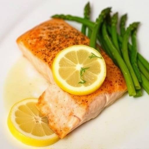 Baked salmon with asparagus and lemon slices
